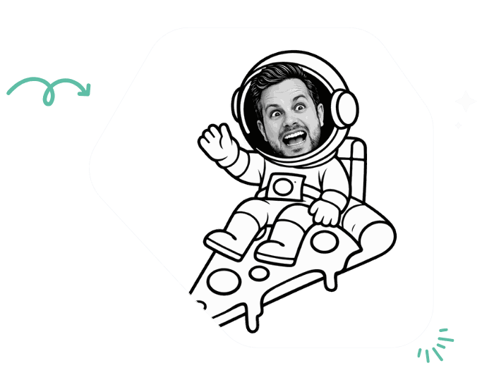 Illustration: Oliver Dahm als Astronaut auf einem Pizzastück durchs All