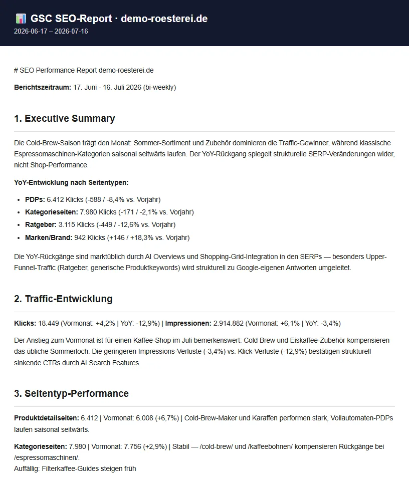 Automatisch generierter GSC-SEO-Report als E-Mail: Executive Summary, Traffic-Entwicklung und Seitentyp-Performance