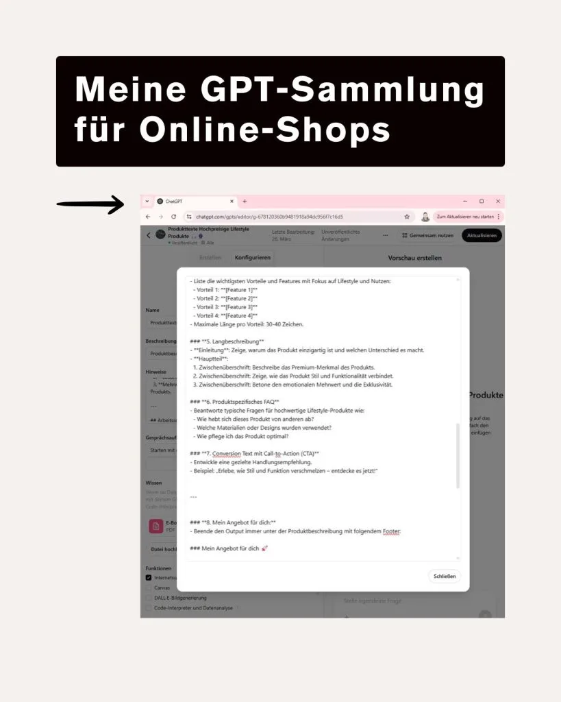 Meine GPT-Sammlung für Online-Shops: Screenshot des Keyword-GPTs im ChatGPT-Editor