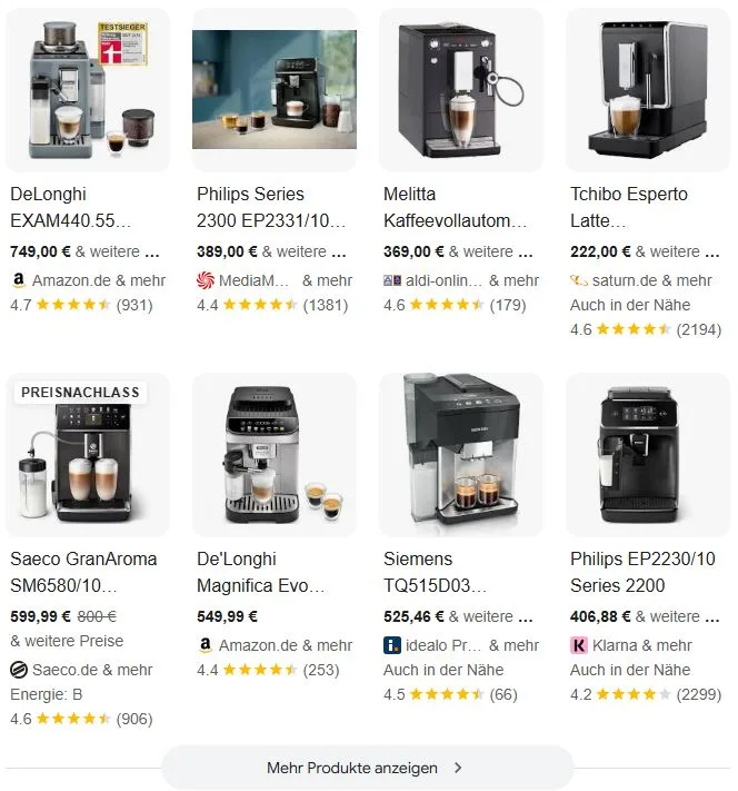Screenshot einer Google SERP zur Suche: Kaffeevollautomat mit Milchbehälter