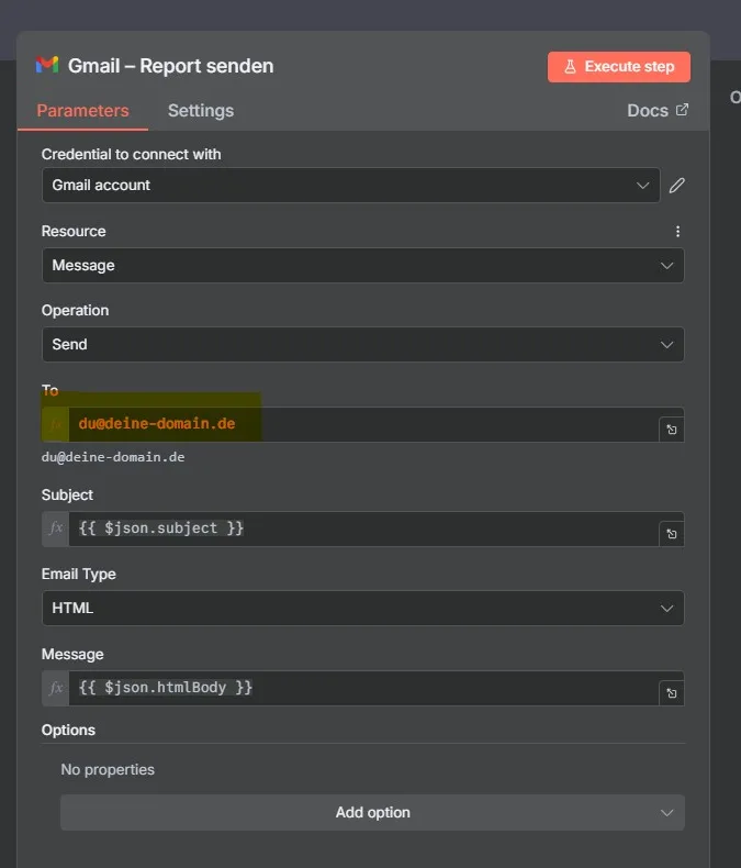 n8n-Node Gmail Report senden: Feld To mit dem Platzhalter du@deine-domain.de, Subject und Message werden per Expression befüllt